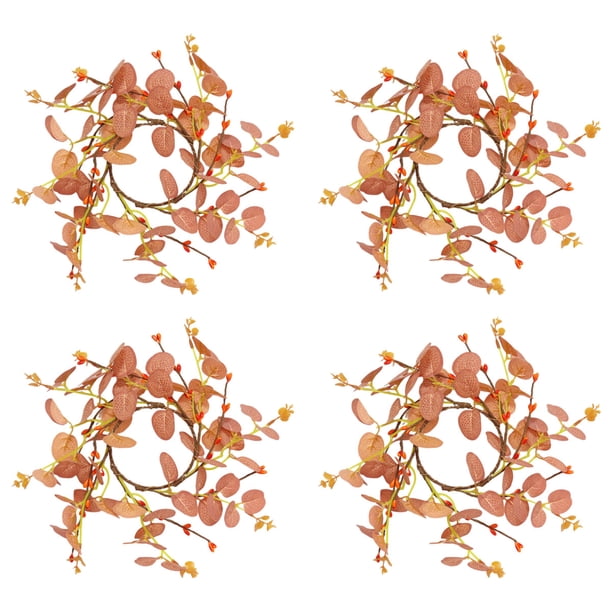 4 anillos para velas de pilar, portavelas con hojas de eucalipto, decoración rústica de granja para Pascua, Navidad, bodas, fiestas, mesas de casa.