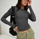 thumbnail image 2 of Camiseta básica de cuello redondo para mujer, informal, de manga larga, ajustada, de color puro, elástica, gris oscuro, talla M, 2 of 7