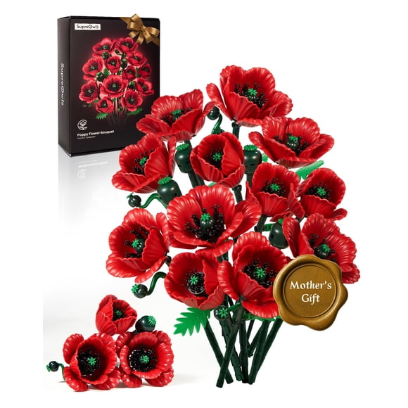 iATOM Set de construcción de ramo de flores de amapola roja de 12 piezas