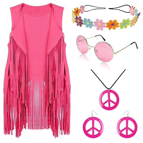 Set de disfraces FunMular de los años 60 y 70 para mujer hippie (rosa, L)