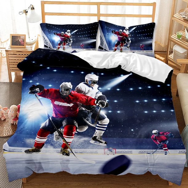 Ice Hockey Duvet Cover Set Twin Hockey Sport Player Bedding Set Winter Extreme Sport Game Polyester Comforter Cover Set King Bed Sheets