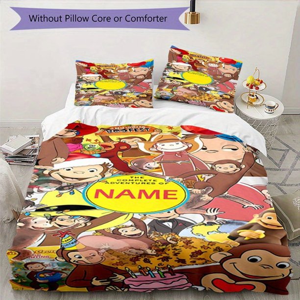 3pcs Curious George Theme Customizable Name Digital Print Cover Set, Soft and Comfortable Bedding Set with 1 Cover and 2 Pillowcases, All-Season Quilt Set Excluding Quilt, Ideal for Home and Guest Roo