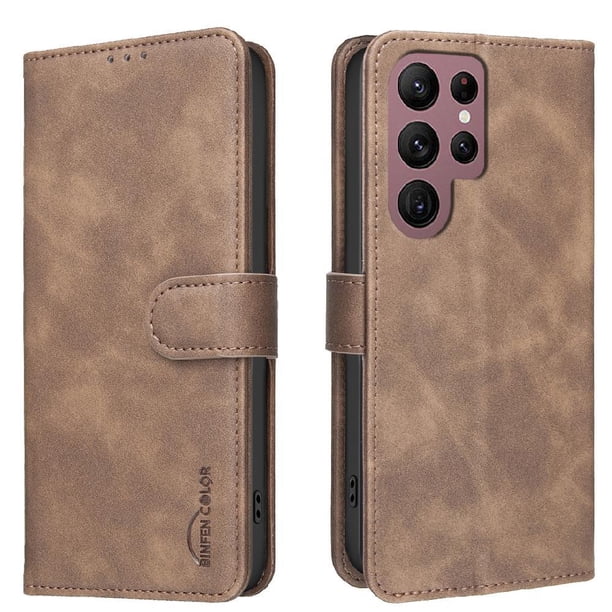 Funda Billetera para Samsung Galaxy S22 Ultra Protección RFID y Soporte Ajustable Marrón
