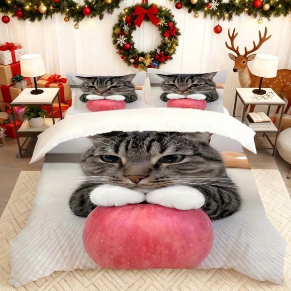 with a Tabby Cat Holding an Apple Includes a Soft Duvet Cover And Two Pillowcases Skin-Friendly And Breathable Suitable for Family Bedrooms/Guest Rooms Usable i