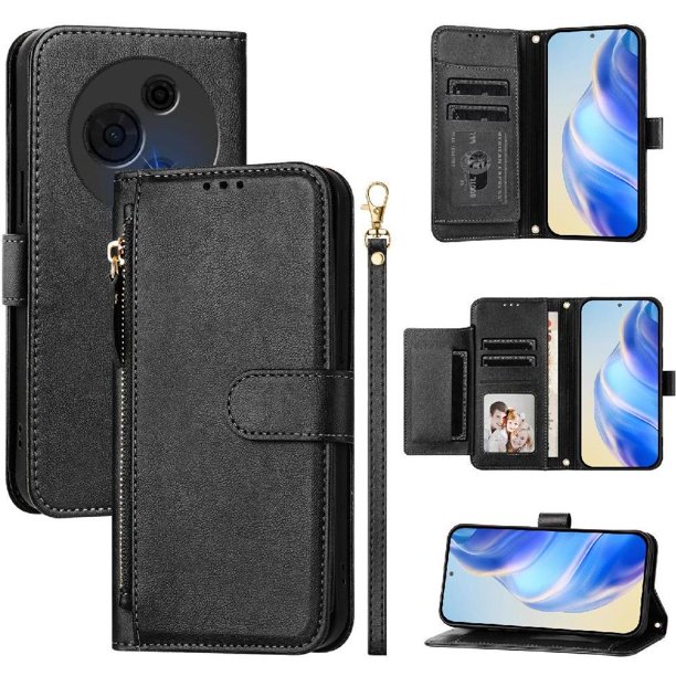 Funda Billetera Cremallera para TCL 60 XE NxtPaper con Porta Tarjetas, Soporte y Correa Negro