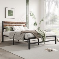 M&Ms - Full Size Platform Bed Frame With Rustic Vintage Wood Headboard, Strong Metal Slats Support Mattress Foundation, No Box Spring Needed Rustic Brown
