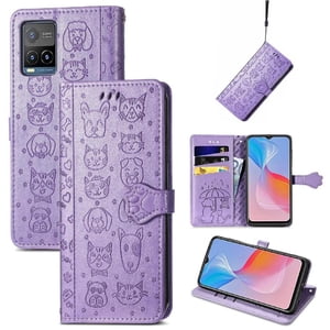 Funda Cartera Foxdock Para Vivo Y21S , Flip Pu Con Relieve De Gatos Y Perros, Tarjetero Y Soporte