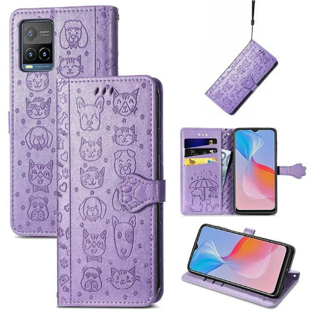 Funda Cartera FOXDOCK para VIVO Y21S , Flip PU con Relieve de Gatos y Perros, Tarjetero y Soporte