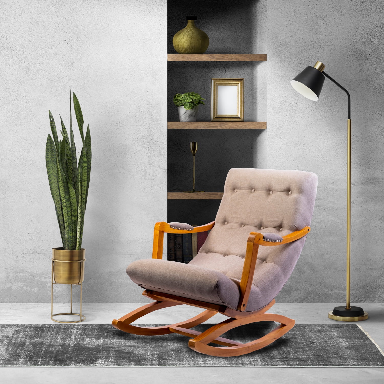 Muebles New - Silla Mecedora Con Apoya Brazos Beige Lino