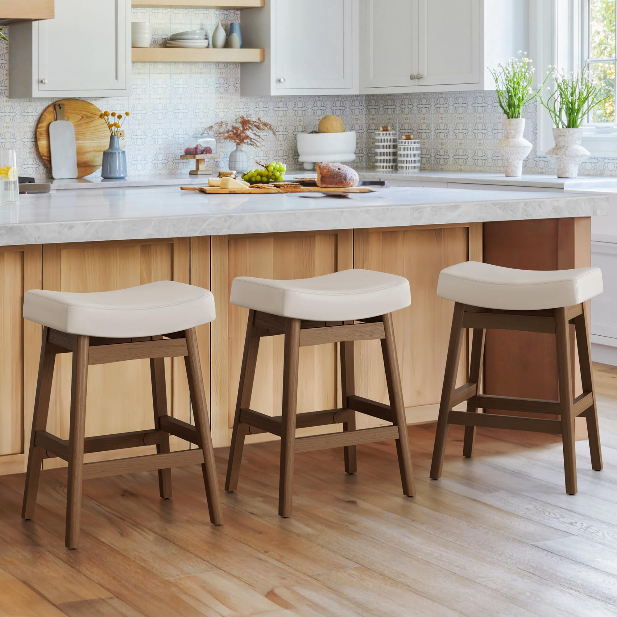 Set De 3 Taburetes De Bar Cozyman, Asiento Tipo Silla De Montar De 61 Cm, Patas De Madera