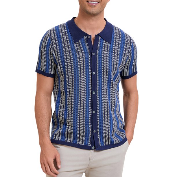 INSPIRE CHIC Polo de Punto a Rayas para Hombre de Verano con Mangas Cortas y Botones Abajo Camisas Polo de Jacquard M Azul Oscuro