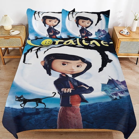 Coralin-e Cora-line Halloween Horror Coralin-e Cora-line Halloween Horror Bedding Set Sheet Set for Kids Adults,All Season Lightweight Bedding Set for Bedroom Bed Bed Sheets