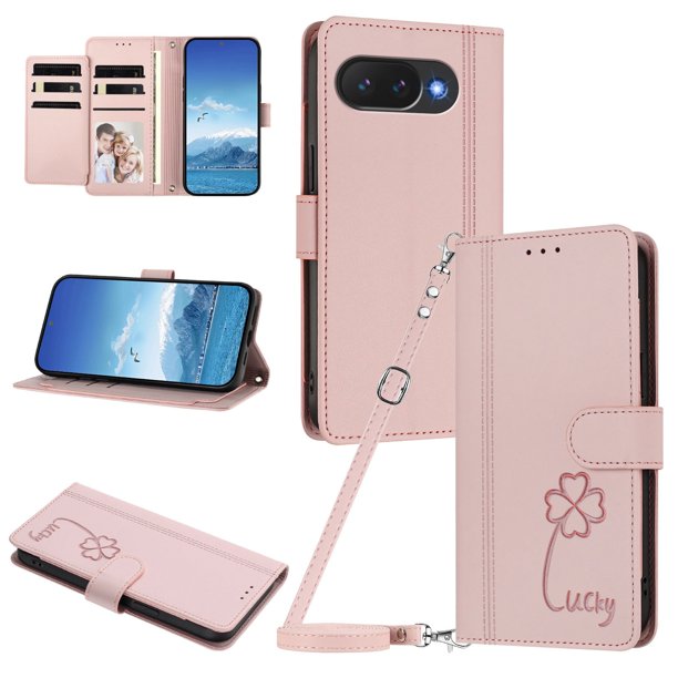 Funda Cartera Trébol para Google Pixel 10a con Ranuras Tarjetas y Carga Inalámbrica Rosa