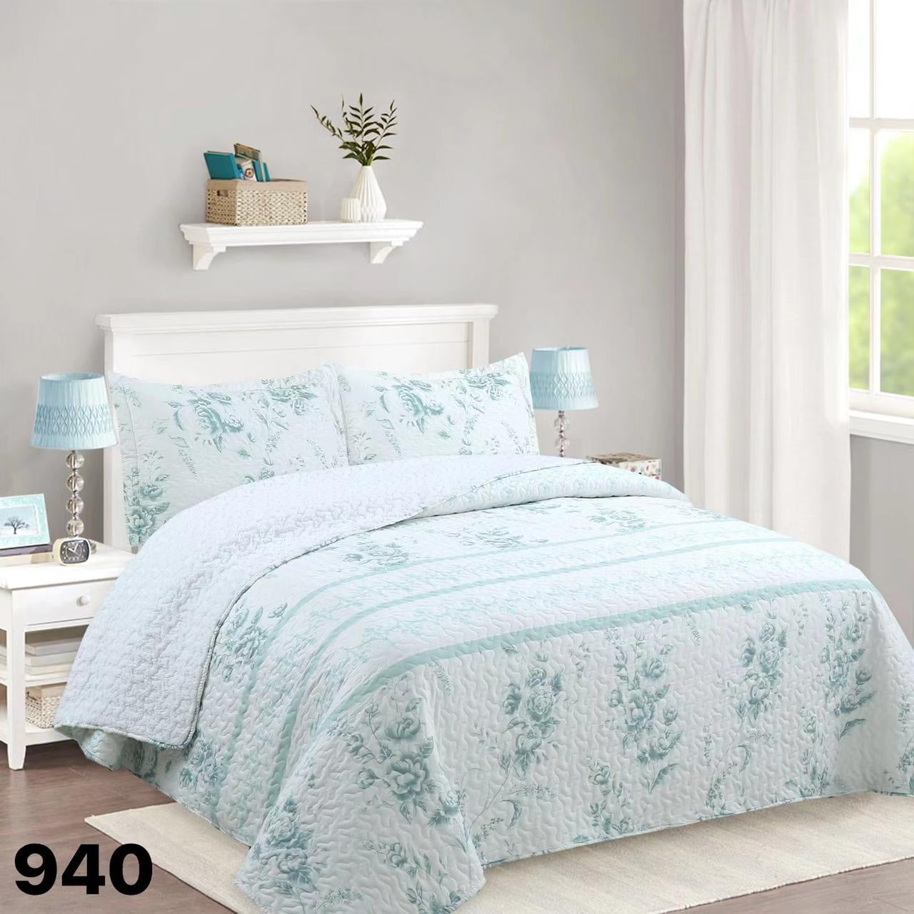 Genérico - Cubrecama Quilt Sherpa 2 Plazas - Blanco Hojas Celestes M940