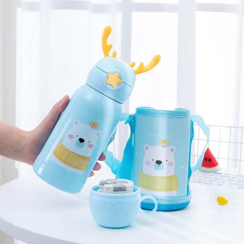 Genérico - Termo De Agua Infantil Kawaii 500ml Con Funda Y Cuerda Celeste