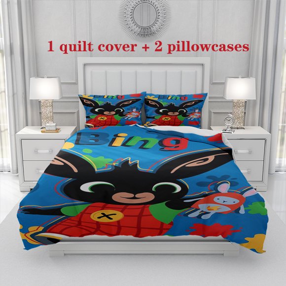3pcs BingBing Red Overalls Bunny Character Themed Bedding Set Multi Color Print