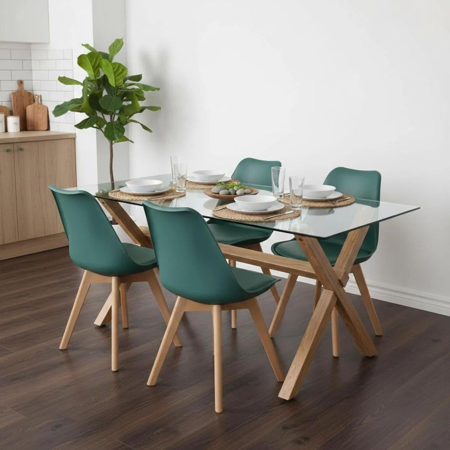 Pandalino - Comedor Moderno Mesa Xinia 130x80 + 4 Sillas Tulip Verde Esmeralda
