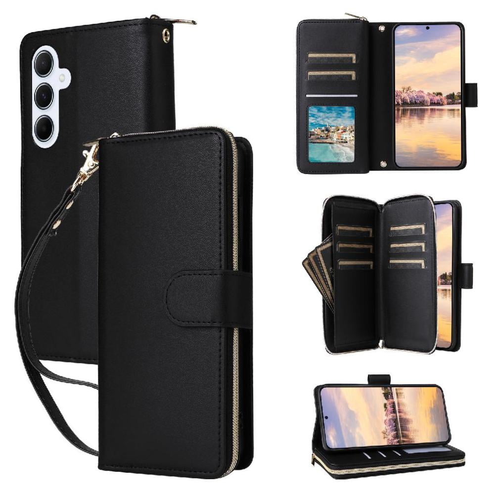 Foxdock - Funda Cartera Con Cremallera Y Correa Para Samsung Galaxy A55 Soporte Y Tarjetero Negro