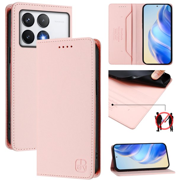 Funda Billetera con Soporte para Xiaomi Poco F6 Pro Bloqueo RFID Plegable Rosa