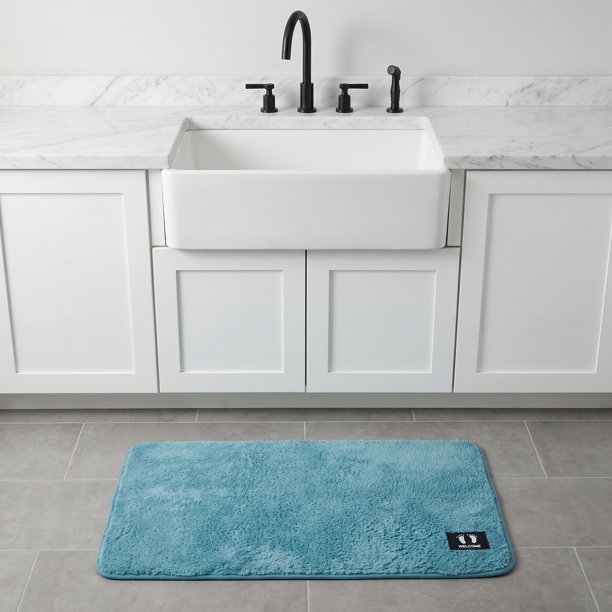 REGALWOVEN Alfombras y Tapetes de Cocina Lavables, Alfombra de Cocina Antideslizante Absorbente de Poliéster, Alfombra Moderna de Color Sólido Azul 24" x 16"