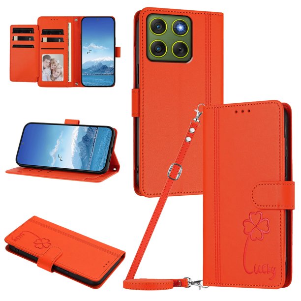 Funda Cartera Trébol para Motorola Edge 70 5G con Ranuras Tarjetas y Carga Inalámbrica Naranja