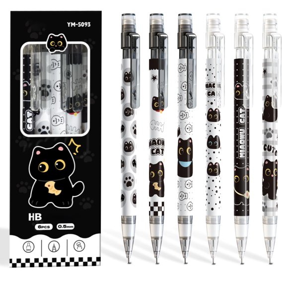 Lápices mecánicos Mangpung 6 pzas 0,5 mm con diseño de gato y borrador integrado