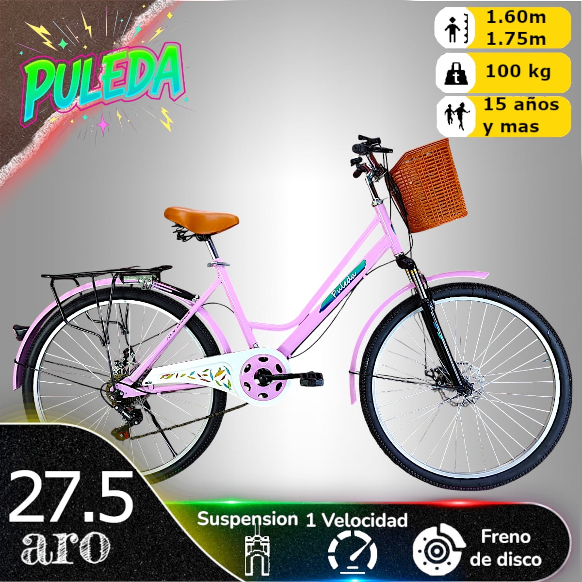 Vipnetwork - Bicicleta Aro 27.5 Puleda Rosado De Paseo Con 7 Velocidades Y Freno Disco