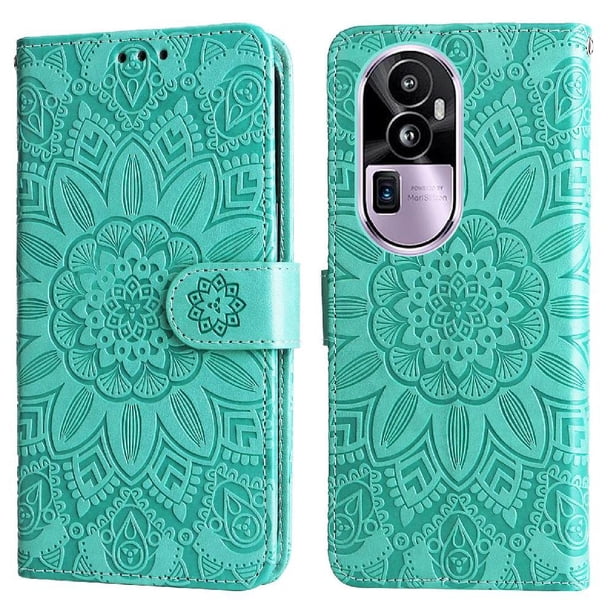 Funda tipo cartera FOXDOCK para OPPO Reno 10 Pro Plus , diseño girasol en relieve, cuero PU, cierre magnético, soporte y tarjetero