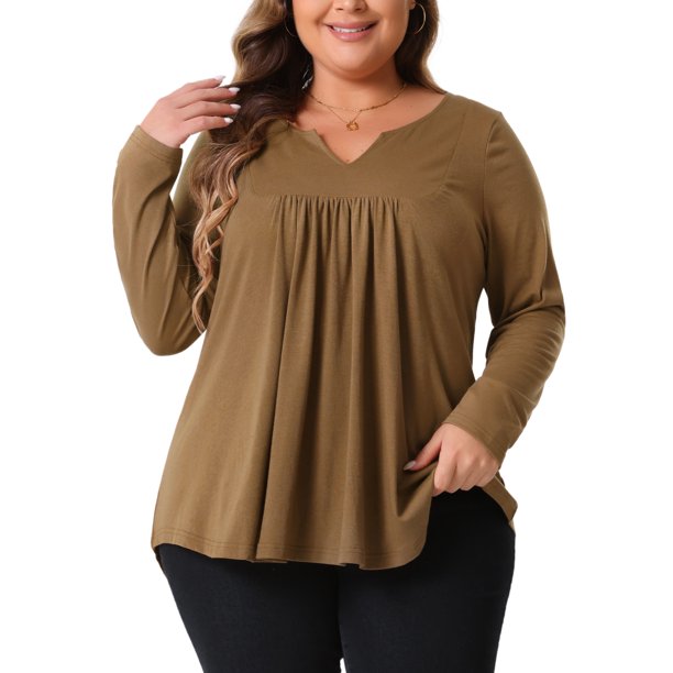 Agnes Orinda Blusas de Mujer Tallas Grandes Camisetas de Manga Larga con Cuello Entallado y Pliegues en el Frente 3X Marrón