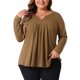 thumbnail image 1 of Agnes Orinda Blusas de Mujer Tallas Grandes Camisetas de Manga Larga con Cuello Entallado y Pliegues en el Frente 3X Marrón, 1 of 6