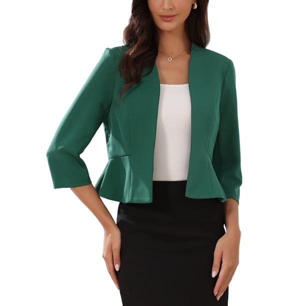 INSPIRE CHIC Elegante Blazer Corto para Mujeres Regreso a Clases Atuendo de Maestra Abierto al Frente Sin Cuello Manga 3/4 Chaqueta de Traje de Negocios Peplum S Verde Oscuro
