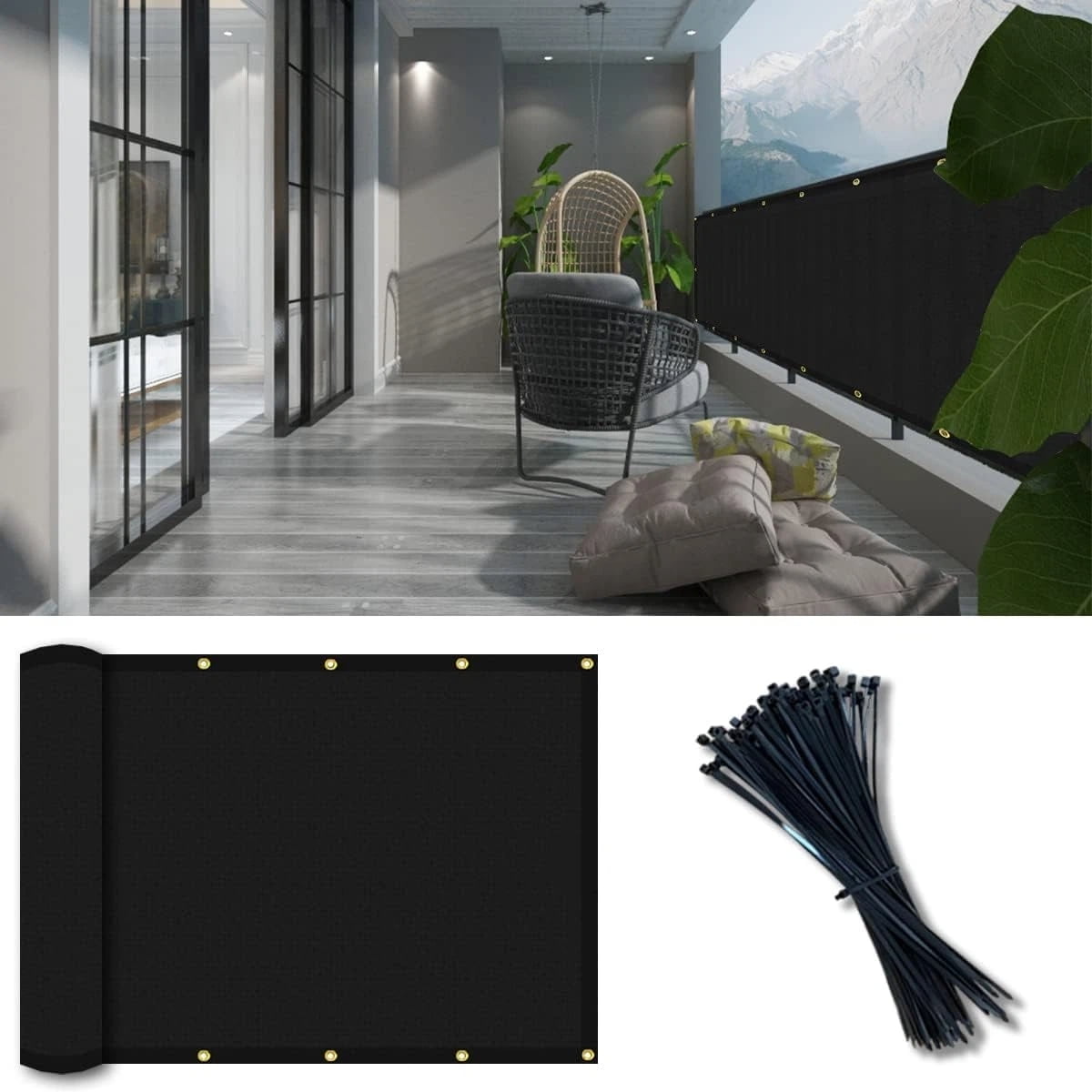 Xusx111 - Cubierta De La Cerca De La Pantalla De Privacidad Del Balcón 3'x10', Tela De Malla De Sombra Con Lazos De Cable, Bloque De Visibilidad Del 90%, Protección Uv Y Contra El Viento Para Patio, C