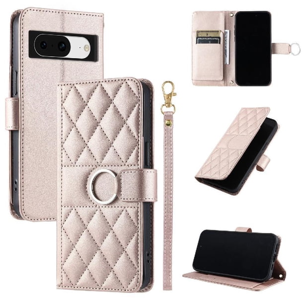 Funda Acolchada con Anilla y Correa para Google Pixel 8 Slots para Tarjetas Oro rosa