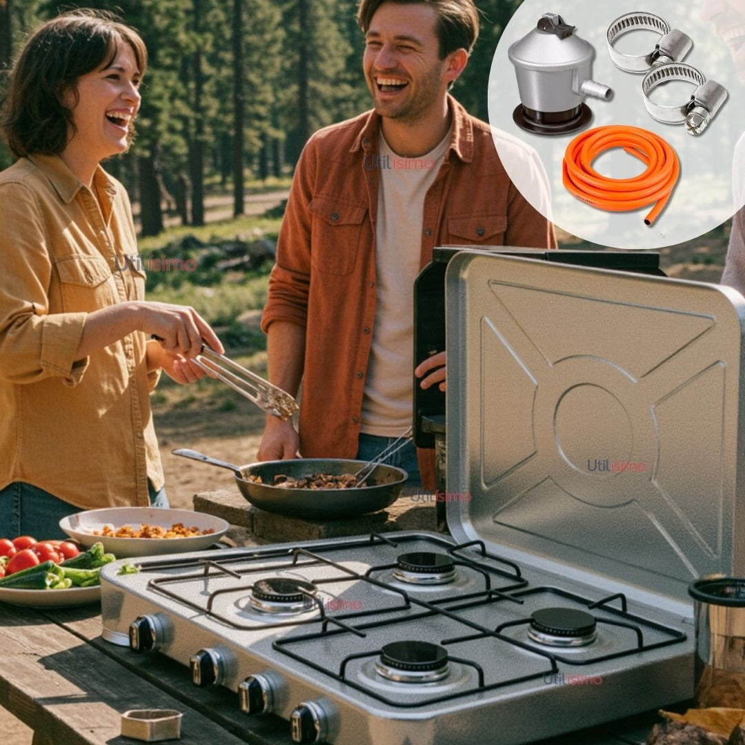 Line - Cocina Encimera A Gas Licuado 4 Platos +kit De Instalación Cocinilla Gris