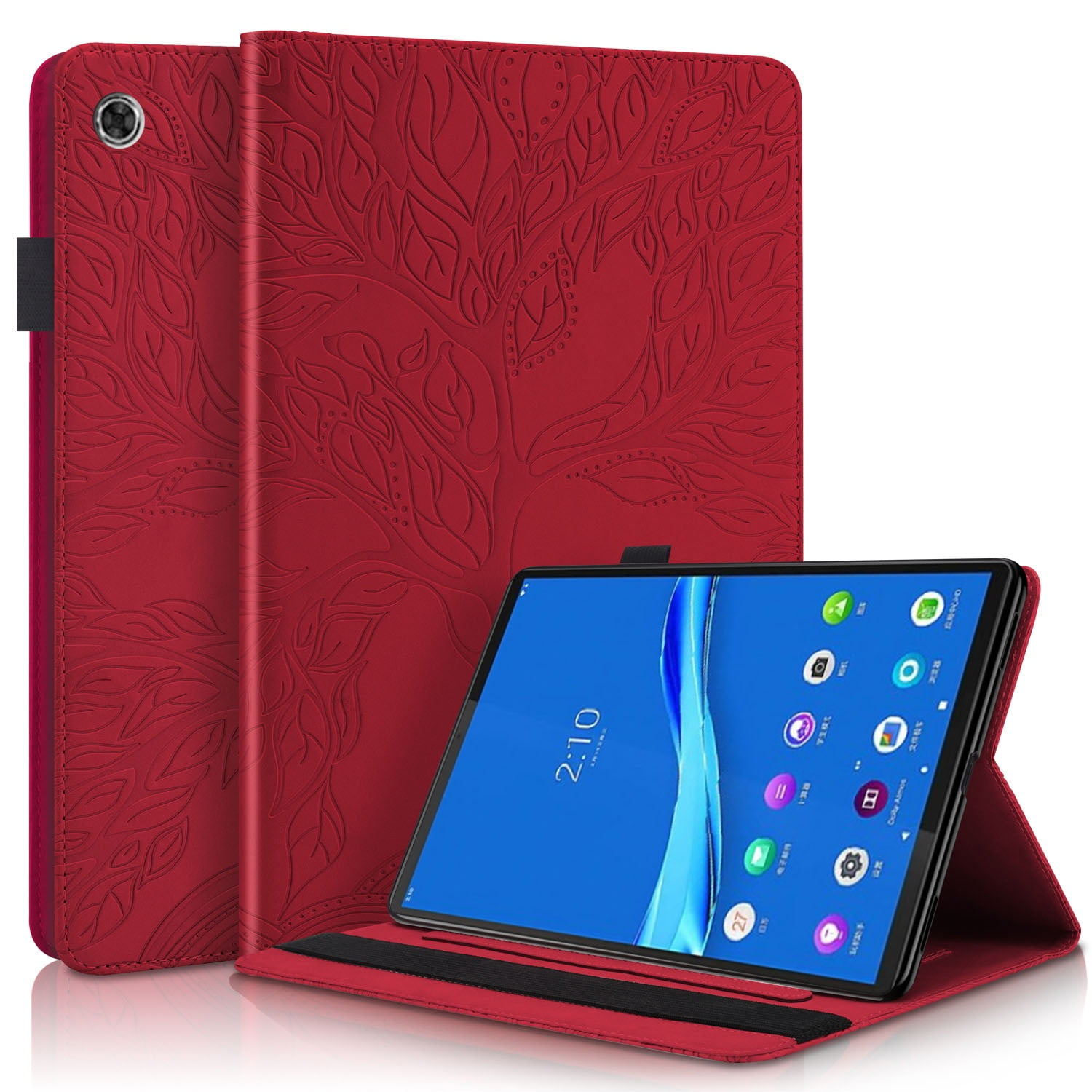Foxdock - Funda Con Relieve Del Árbol De La Vida Para Tablet Lenovo Tab M10 Plus Con Soporte, Ranuras Para Tarjetas Y Soporte Para Lápiz Óptico. Rojo