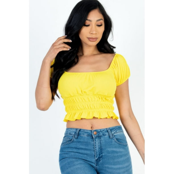Top Casual De Punto Acanalado Liso Con Mangas Abullonadas Fruncidas