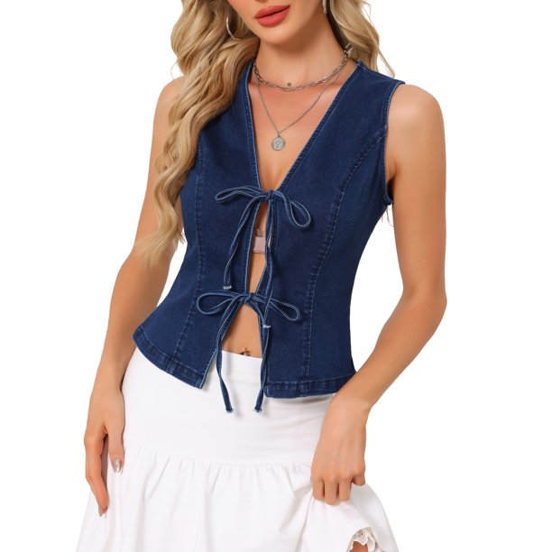 INSPIRE CHIC Chaleco de Jean para Mujer con Escote en V, Lazo Frontal, Sin Mangas, Chaleco de Mezclilla, Talla L, Azul Oscuro