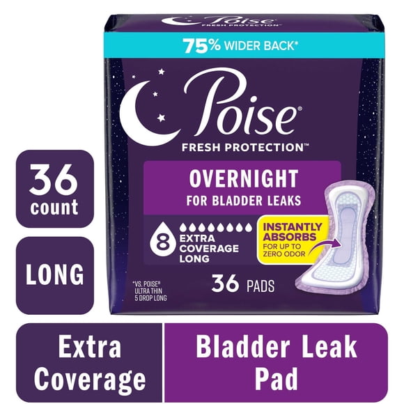 Toallas Poise para Incontinencia Nocturna, 36 Unidades, 8 Gotas, Extra Cobertura