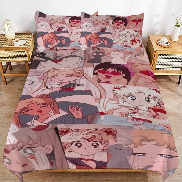 Sailor Moon Bedding Sets Ultra Soft Skin-Friendly Duvet Cover 3 Piece, Cute Comforter Cover Bed Set for Boys Girls Kids