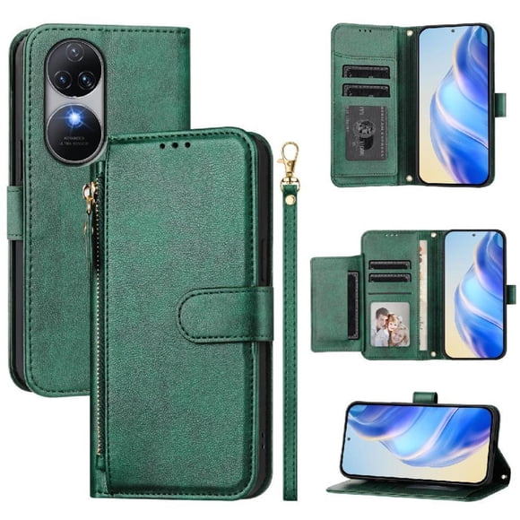 Funda tipo cartera para Oukitel C38 con bolsillo con cremallera, tarjetero, soporte, correa para la muñeca y tapa de cuero verde