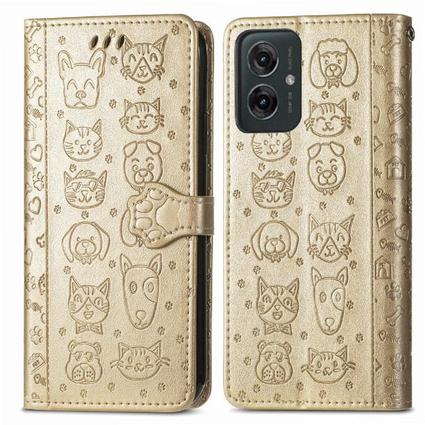 Funda Cartera FOXDOCK para Motorola Moto G35 , Flip PU con Relieve de Gatos y Perros, Tarjetero y Soporte