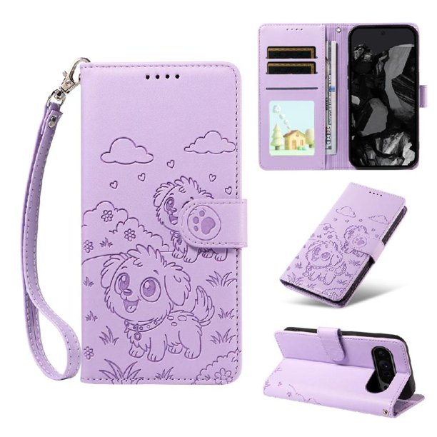 Funda Cartera para Google Pixel 10/10 Pro Perro Cachorro Grabado con Tarjetas Soporte Correa Morado