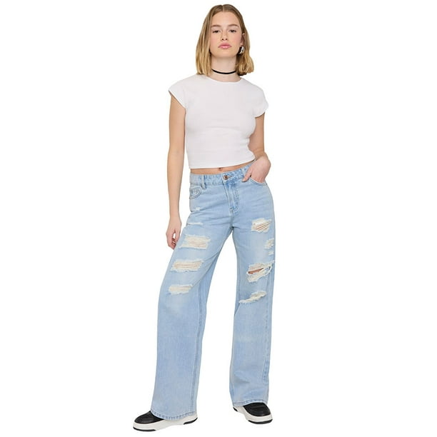 Jeans Mujer Roturas Wide Azul Claro Corona