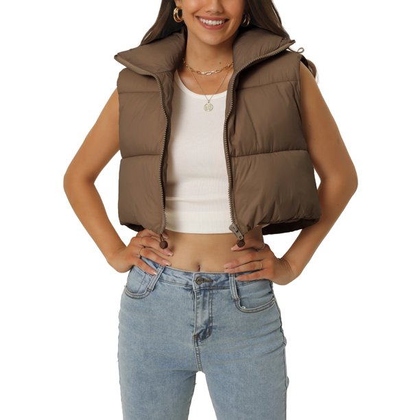 INSPIRE CHIC Chaleco Acolchado para Mujer con Cuello Alto, Chaqueta Ligera con Cremallera, Chaleco Corto Acolchado L Marrón