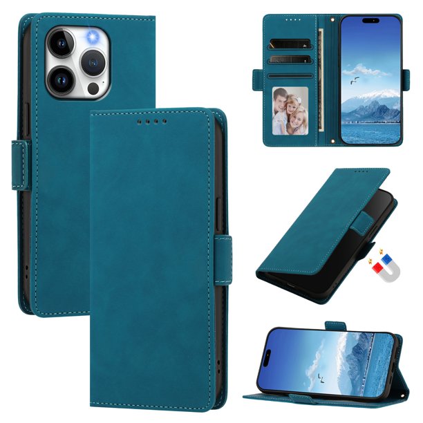 Funda Billetera Delgada para iPhone 15 Pro con Ranuras y Soporte Azul lago