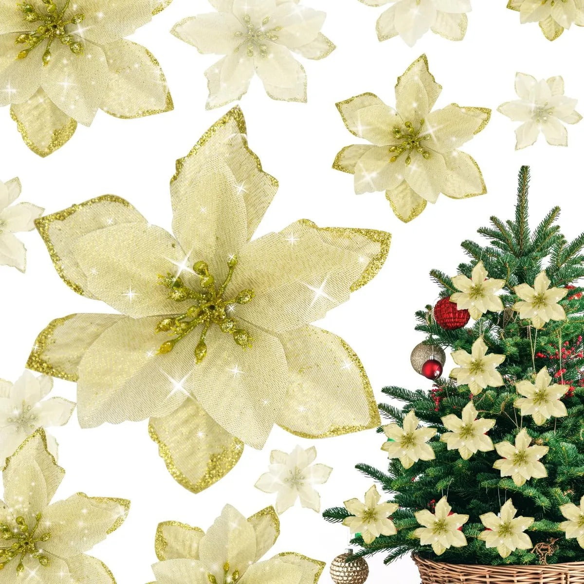 Genérica - Pack 10 Flores Navideñas Con Clip Adorno Navidad Arbol Φ14cm Flores Artificiales Decorativas