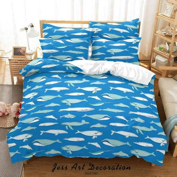 Set De Ropa De Cama Funda De Edredón Patrón De Pez Ballena Azul Dibujado A Mano 3d