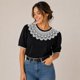thumbnail image 1 of Blusa Mujer Manga Corta Cuello Encaje Bordado Elegante negro Talla Única, 1 of 2