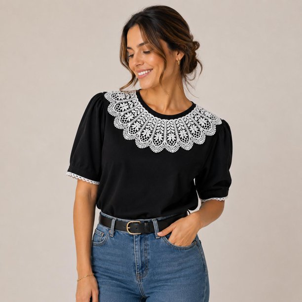 Blusa Mujer Manga Corta Cuello Encaje Bordado Elegante negro Talla Única