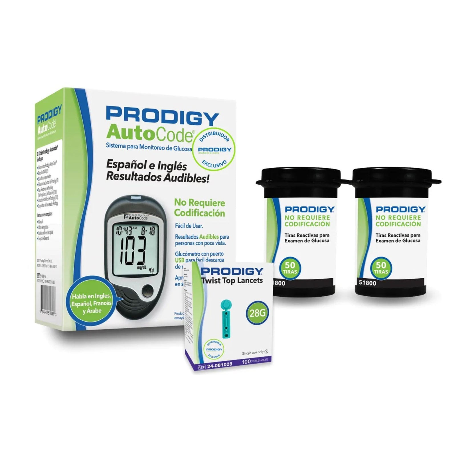 Prodigy Diabetes Care - Glucometro Prodigy Autocode Con Voz + 110 Tiras + 110 Lancetas
